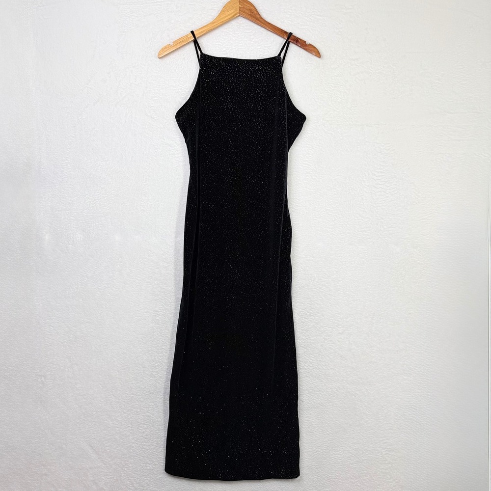 Vintage Maurices Black Velvet Sparkle Maxi Dress Square Neck Straps Size 10‎ 90s